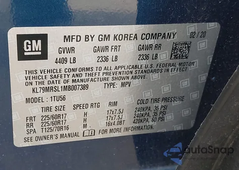 2021 Chevrolet Trailblazer Awd Lt z USA, uszkodzony, nr VIN KL79MRSL1MB007389